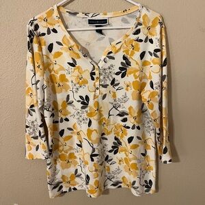 Karen Scott Floral 3/4 Length Sleeve Top in Yellow and Black